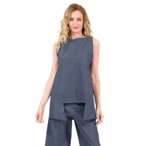 Caterina Lancini Blusa asimmetrica smanicata in jeans estivo